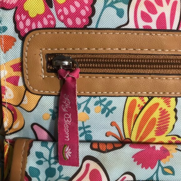 Lily Bloom Butterfly Print Crossbody Bag Tan Trim Pink Lining Pockets 10" x 9" - Picture 10 of 16